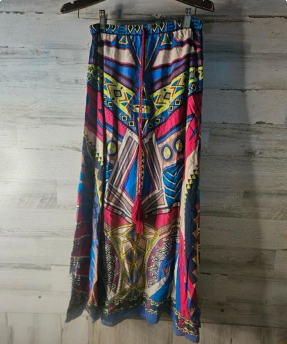Flying Tomato Women’s M Multicolor Geometric Maxi Skirt Drawstring Tassel